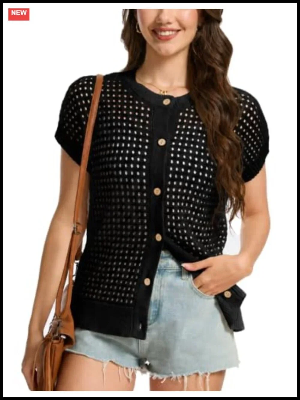 Women's Crochet Sweater Vest Hollow Out Button Down Cardigans